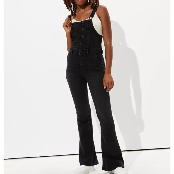 AE Ne(x)t Level Stretch Black Denim Flare Leg Overall Jeans Size 6 Long - Picture 1 of 17